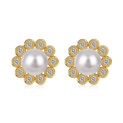 925 Sterling Silver Flower Design Earrings with Micro-Inset Zircon and 14K Gold Plated Korean Style Stud Earrings