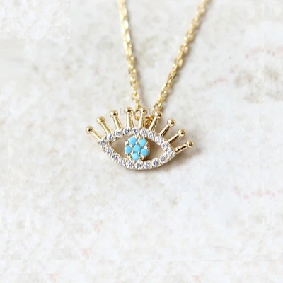 925 Sterling Silver Micro Pave Clear CZ and Turquoise Evils Eyes Pendant Necklace NECKLACES