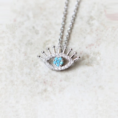 925 Sterling Silver Micro Pave Clear CZ and Turquoise Evils Eyes Pendant Necklace NECKLACES