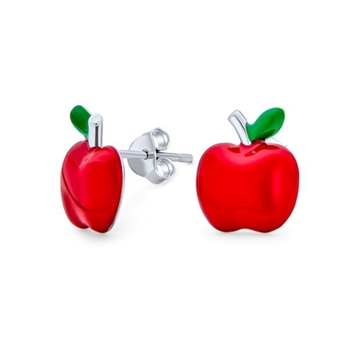 Delightful Red and Green Enamel Apple Earrings for Little Girls in 925 Sterling Silver
