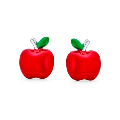 Delightful Red and Green Enamel Apple Earrings for Little Girls in 925 Sterling Silver