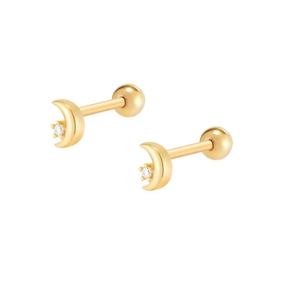 925 Sterling Silver Tiny CZ Moon Piercing Stud Earring with Ball Screw Back Closure