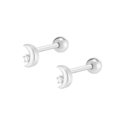 925 Sterling Silver Tiny CZ Moon Piercing Stud Earring with Ball Screw Back Closure