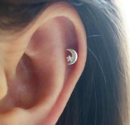 925 Sterling Silver Tiny CZ Moon Piercing Stud Earring with Ball Screw Back Closure