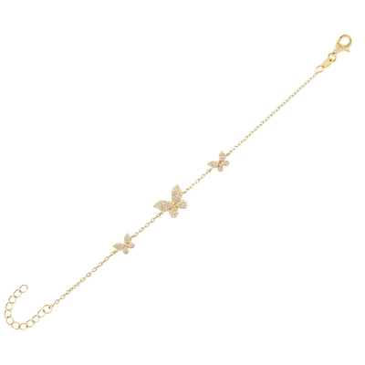 14K Gold Triple Butterfly Chain Bracelet Clear CZ Silver Chain Bracelet 925