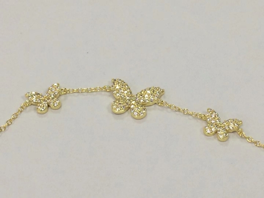14K Gold Triple Butterfly Chain Bracelet Clear CZ Silver Chain Bracelet 925