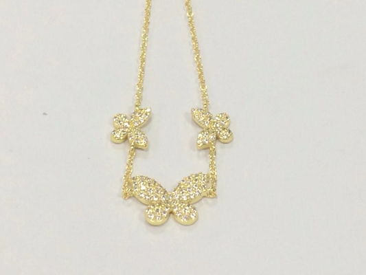 14K Gold Triple Butterfly Chain Bracelet Clear CZ Silver Chain Bracelet 925