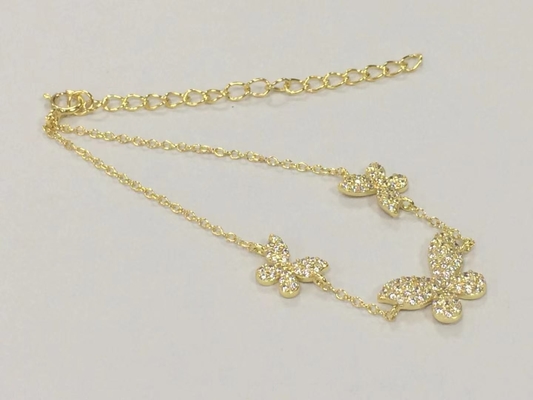 14K Gold Triple Butterfly Chain Bracelet Clear CZ Silver Chain Bracelet 925