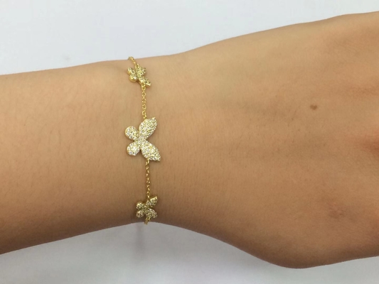 14K Gold Triple Butterfly Chain Bracelet Clear CZ Silver Chain Bracelet 925