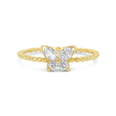925 Sterling Silver Women's Ring with Handmade 18K Gold Plated Ball and Marquise Butterfly