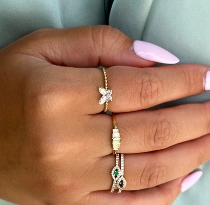 925 Sterling Silver Women's Ring with Handmade 18K Gold Plated Ball and Marquise Butterfly