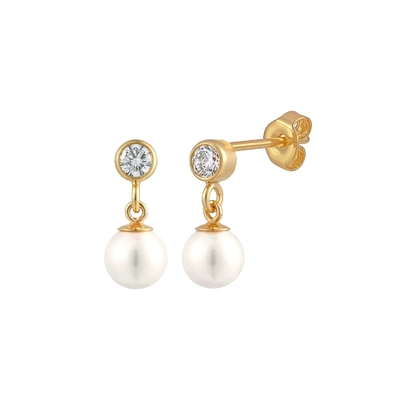 Bezel Setting CZ Stud Earring White Pearl 925 Sterling Silver Drop Earring