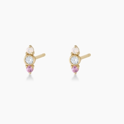 White Opal And Pink Sapphire CZ Stud Earrings Three Stone Cubic Zirconia Studs