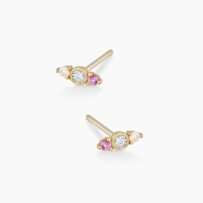 White Opal And Pink Sapphire CZ Stud Earrings Three Stone Cubic Zirconia Studs