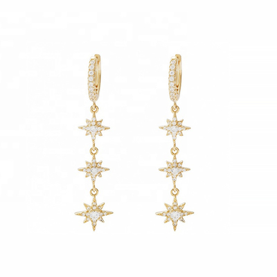 Gold Plated 925 Silver Brazilian Starburst Long Dangle Hoop Earrings for Women