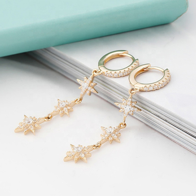 Gold Plated 925 Silver Brazilian Starburst Long Dangle Hoop Earrings for Women