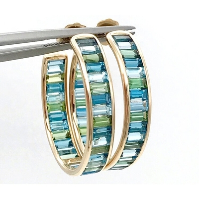 Jewelry Main Material Silver Baguette Blue and Green Topaz Stud Hoops for Classic Style