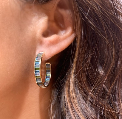 Jewelry Main Material Silver Baguette Blue and Green Topaz Stud Hoops for Classic Style