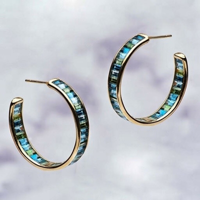 Jewelry Main Material Silver Baguette Blue and Green Topaz Stud Hoops for Classic Style