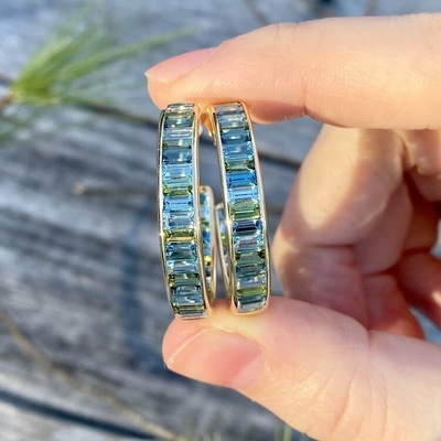 Jewelry Main Material Silver Baguette Blue and Green Topaz Stud Hoops for Classic Style