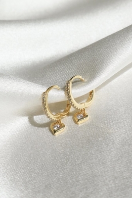 Gold Plated Mini Dangle Heart CZ Huggie Earrings Add a Touch of Glamour to Your Look
