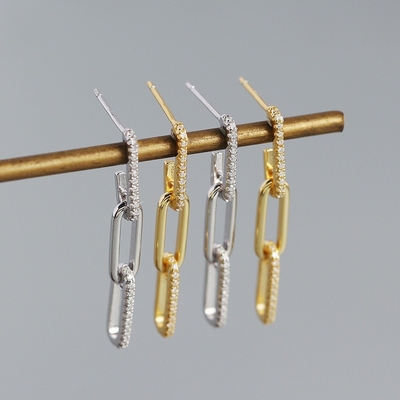 Retro Paperclip Rectangle Chain Earrings in 925 Sterling Silver for Ladies' Night