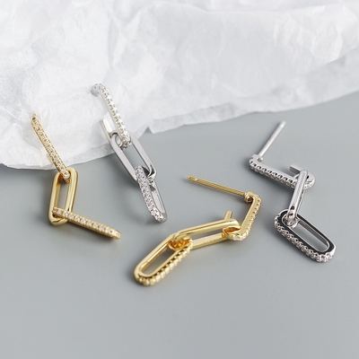 Retro Paperclip Rectangle Chain Earrings in 925 Sterling Silver for Ladies' Night