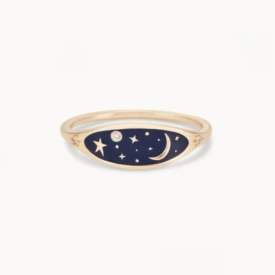 Handmade 18K Gold Plated Midnight Blue Enamel 925 Sterling Silver Round Brilliant CZ Stacking Ring for Girls