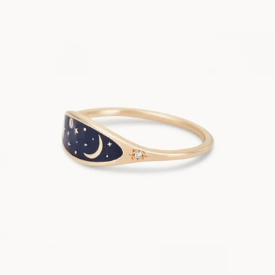 Handmade 18K Gold Plated Midnight Blue Enamel 925 Sterling Silver Round Brilliant CZ Stacking Ring for Girls