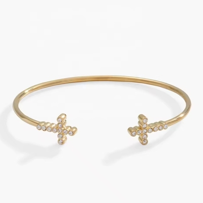 Pave Inlaid Crystal Zircon 925 Sterling Silver Bangle Cross Cuff 18K Gold Bangle