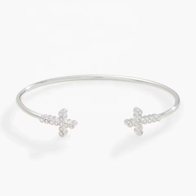 Pave Inlaid Crystal Zircon 925 Sterling Silver Bangle Cross Cuff 18K Gold Bangle