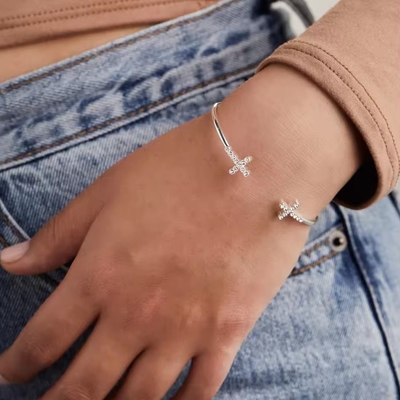 Pave Inlaid Crystal Zircon 925 Sterling Silver Bangle Cross Cuff 18K Gold Bangle