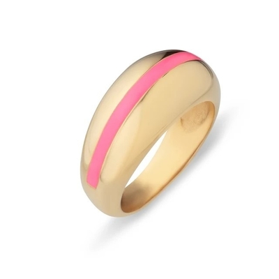Wholesales 18K Gold Plated Stripe Pink Enamel Dome 925 Sterling Silver Women's Ring