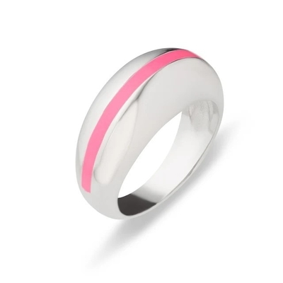 Wholesales 18K Gold Plated Stripe Pink Enamel Dome 925 Sterling Silver Women's Ring