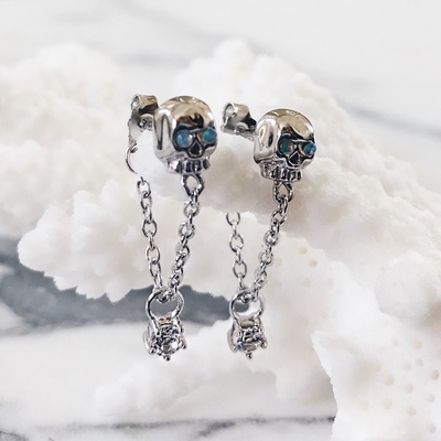 18K Gold Plated Handmade Opal Stone Skull Chain Drop Women's Earring