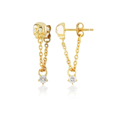 18K Gold Plated Handmade Opal Stone Skull Chain Drop Women's Earring