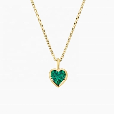 Classic 925 Sterling Silver Heart Shaped Emerald Bezel Pendant Necklace