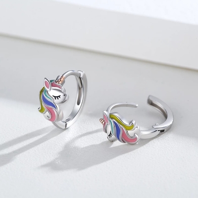 Rhodium Plated Unicorn Colorful Enamel Huggies Earrings For Teens Fashion Jewelry