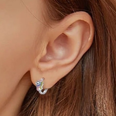 Rhodium Plated Unicorn Colorful Enamel Huggies Earrings For Teens Fashion Jewelry