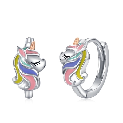 Rhodium Plated Unicorn Colorful Enamel Huggies Earrings For Teens Fashion Jewelry