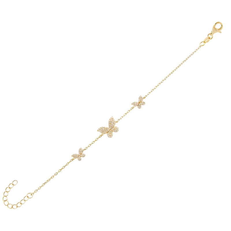 14K Gold Triple Butterfly Chain Bracelet Clear CZ Silver Chain Bracelet 925
