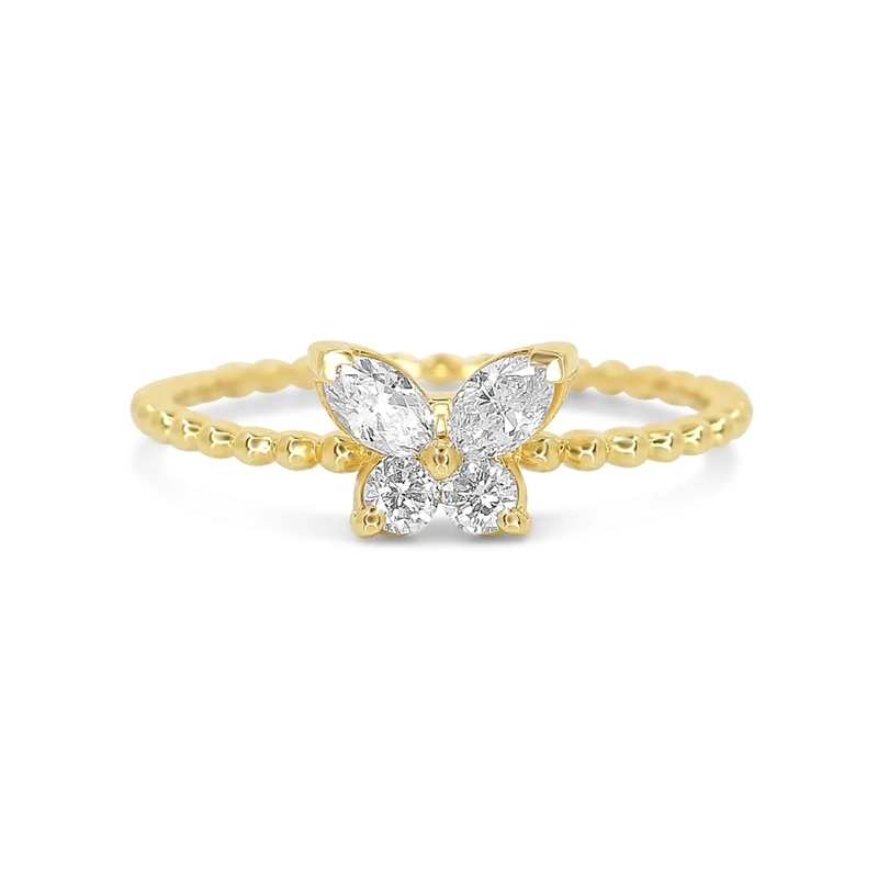 925 Sterling Silver Women's Ring with Handmade 18K Gold Plated Ball and Marquise Butterfly