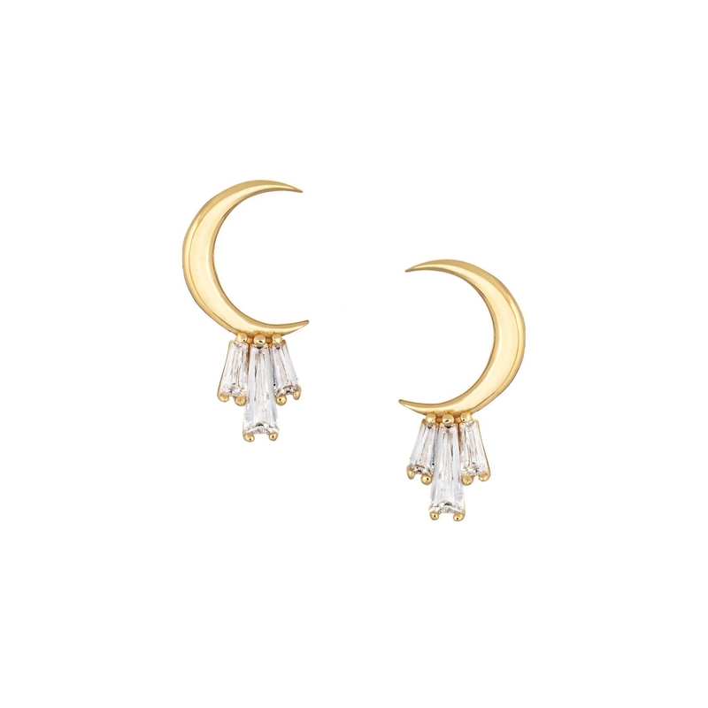 18K Gold Plated 925 Sterling Silver Baguette Moon Stud Earrings for Women AAA CZ Stone
