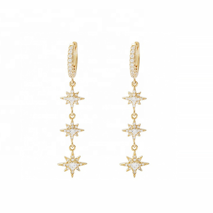 Gold Plated 925 Silver Brazilian Starburst Long Dangle Hoop Earrings for Women