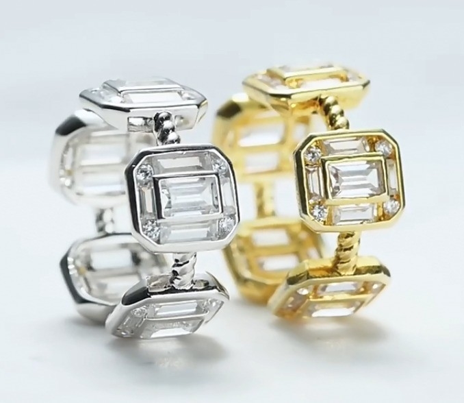Emerald White CZ Women Eternity Band Baguette 18K Gold 925 Sterling Silver Rings