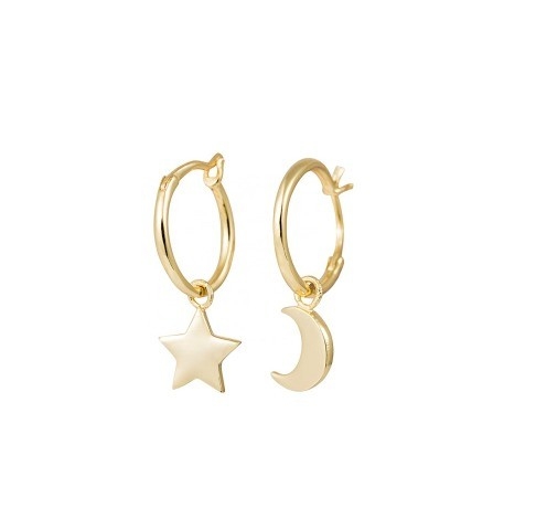 Trendy 925 Sterling Silver Earrings with Asymmetric Gold Plated Star and Moon for Ladies