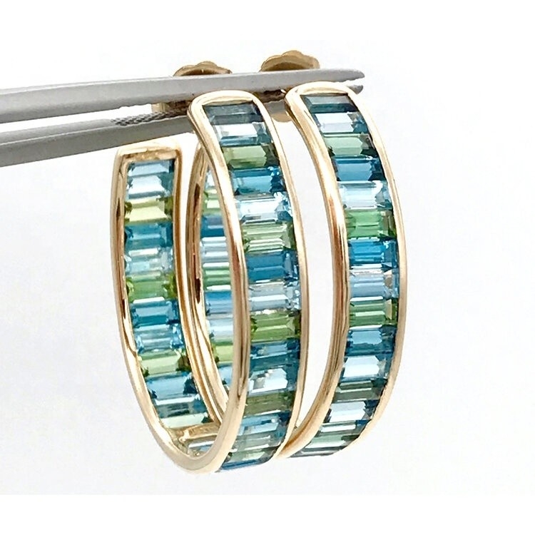 Jewelry Main Material Silver Baguette Blue and Green Topaz Stud Hoops for Classic Style