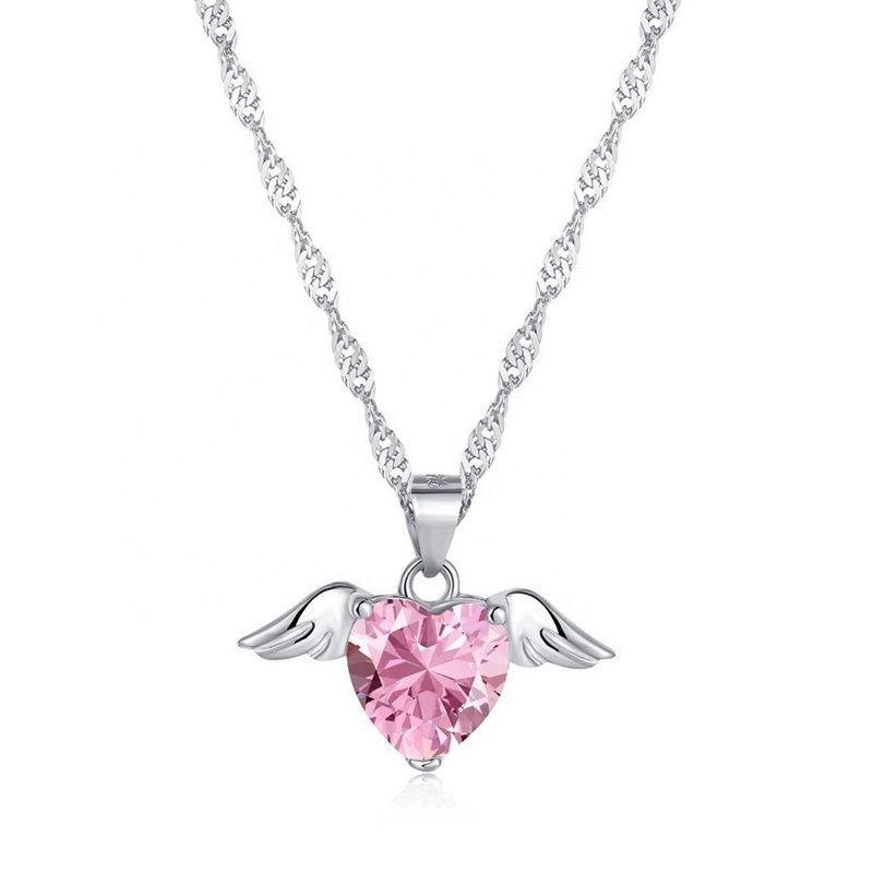 S925 Sterling Silver Love Wings Necklace Women Heart Zircon Collarbone Chain Jewelry