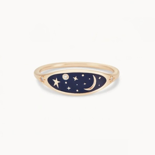 Handmade 18K Gold Plated Midnight Blue Enamel 925 Sterling Silver Round Brilliant CZ Stacking Ring for Girls