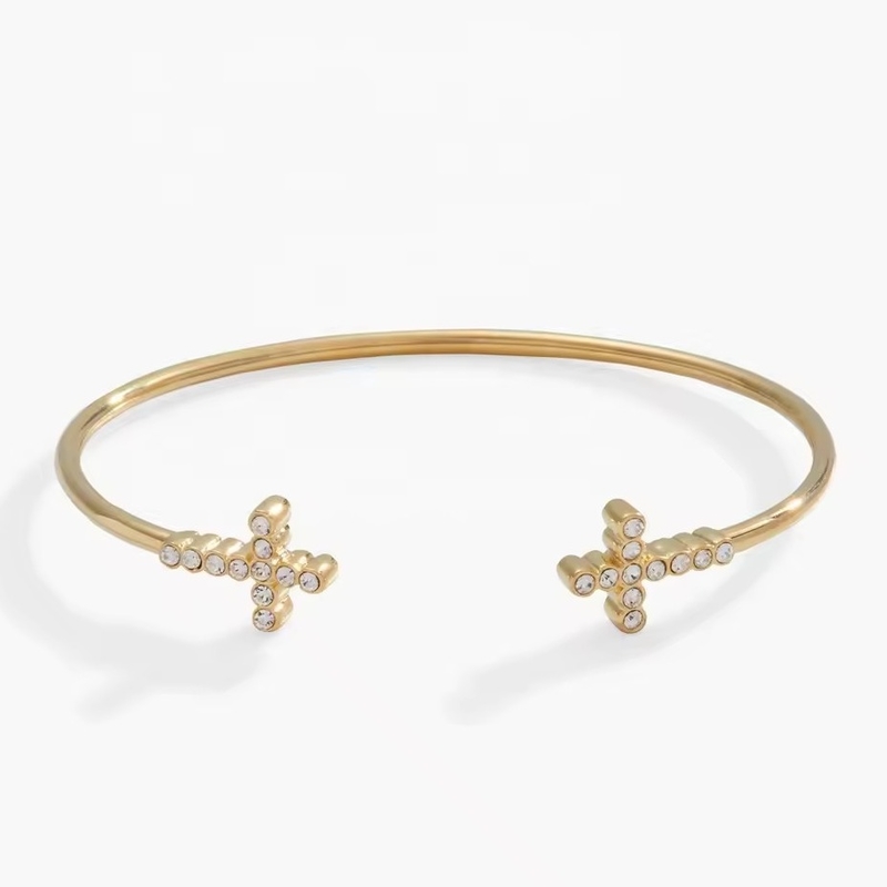 Pave Inlaid Crystal Zircon 925 Sterling Silver Bangle Cross Cuff 18K Gold Bangle